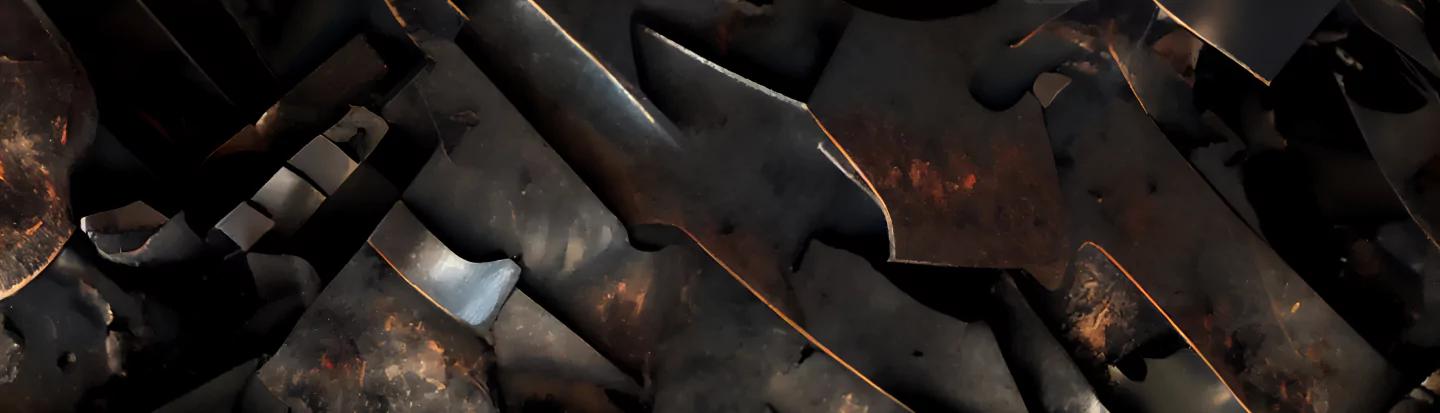 Pile of dark, jagged metal pieces, scraps and offcuts from a manufacturing process. The metal surfaces are mostly blackened, with some areas showing hints of rust and reddish-brown corrosion. The pieces are irregularly shaped, with sharp edges and a rough texture. The lighting creates subtle reflections on the metal, emphasizing their worn and rugged appearance.