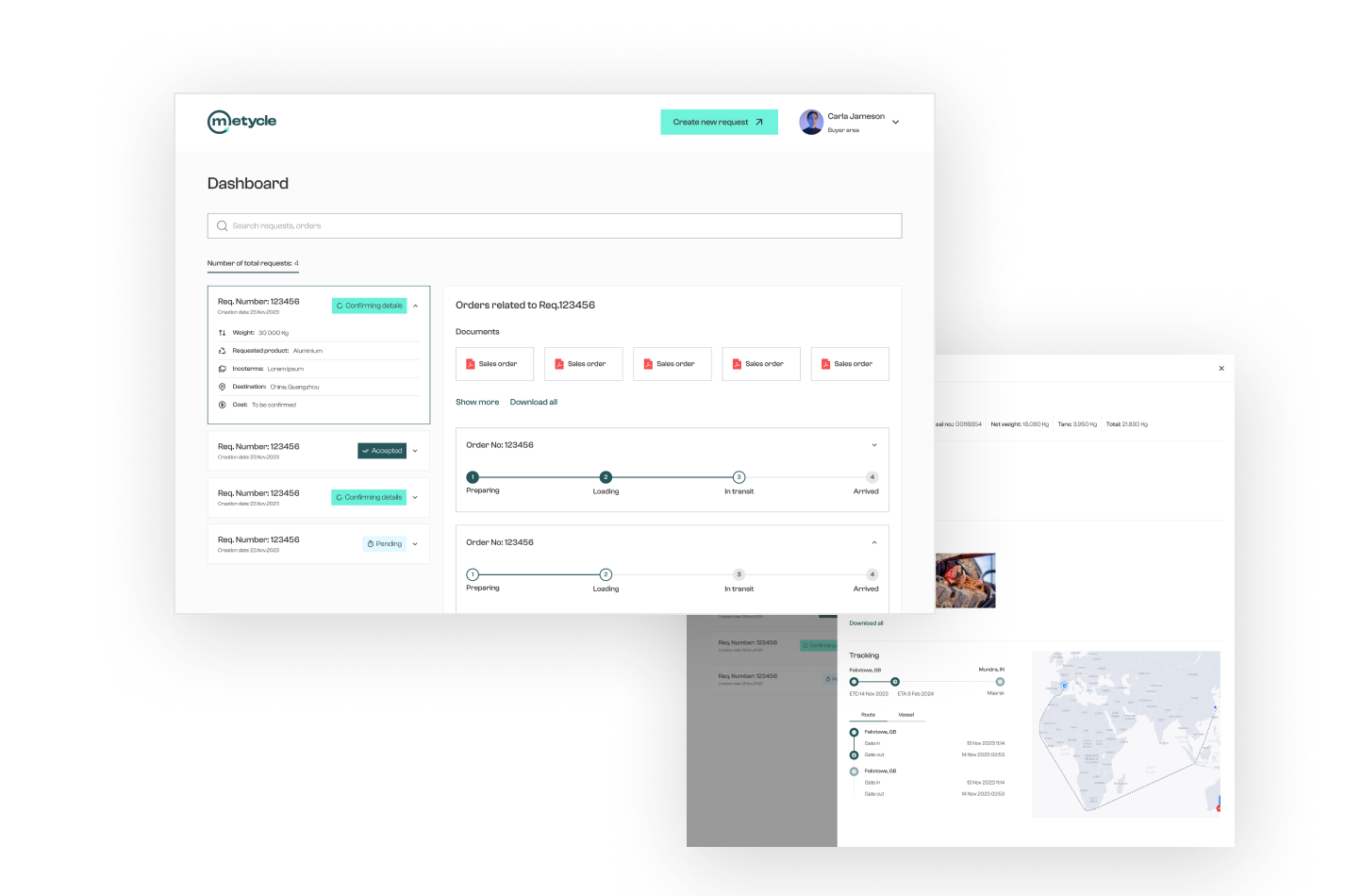 Two demonstrations of a desktop version of the METYCLE website, one containing a dashboard showcasing requests and orders with their respective statuses, and another displaying a map with a container tracking