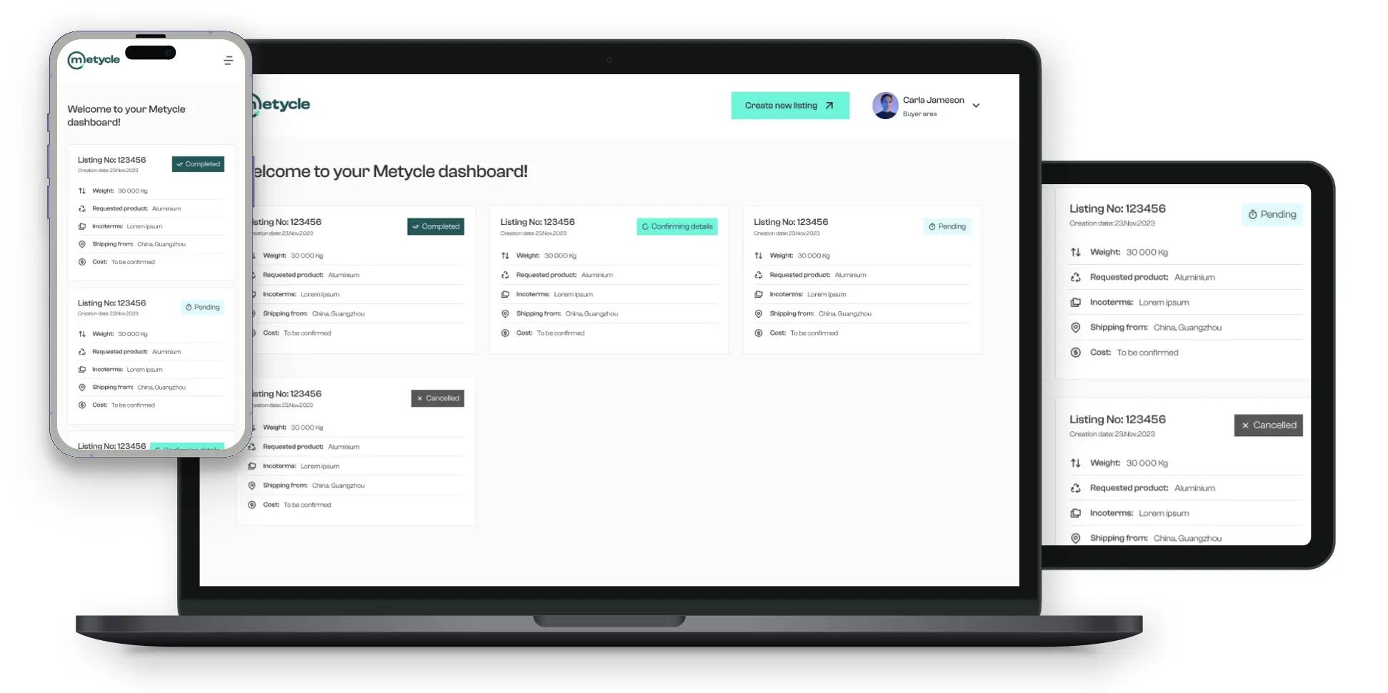 METYCLE seller dashboard platform with a few orders being shown, displayed in the screens of an iPhone, an iMac and an iPad, for demonstration purposes