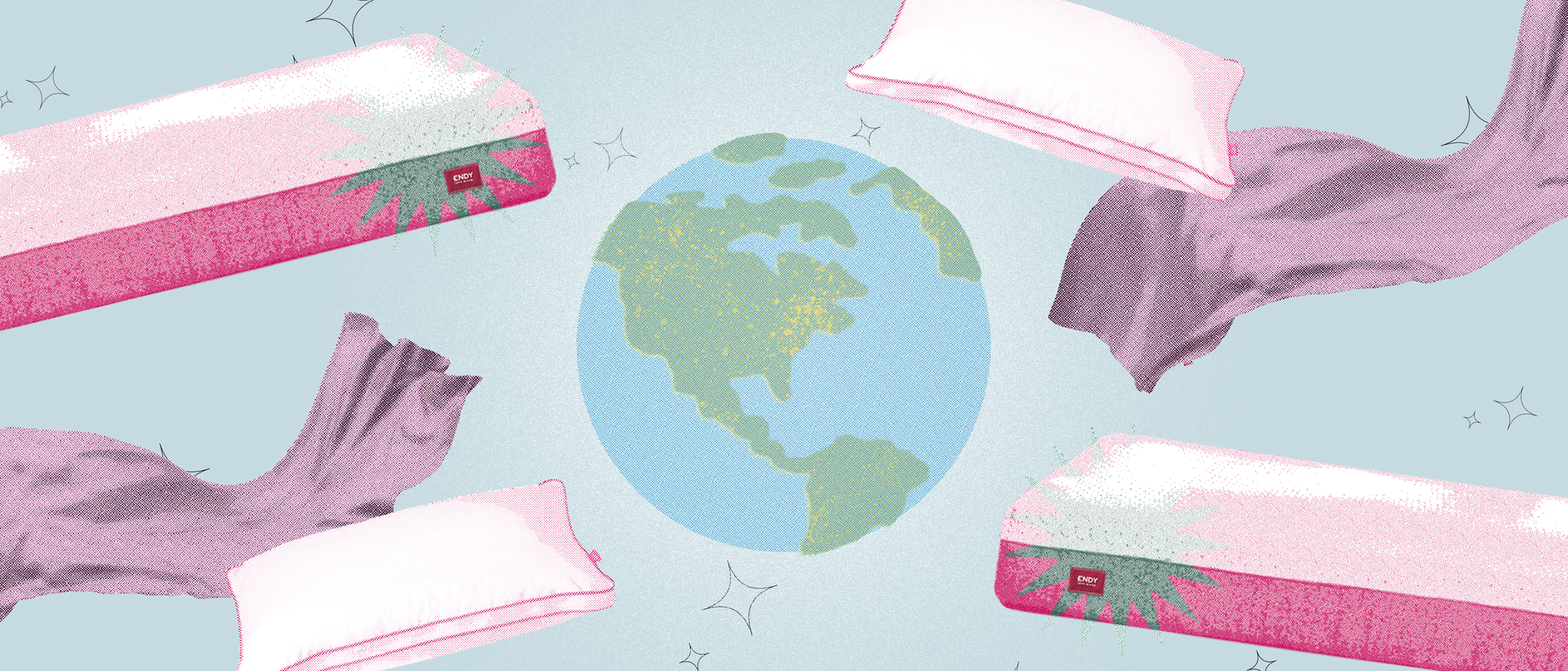 Illustration of planet earth with floating mattresses, pillows and blankets around it.