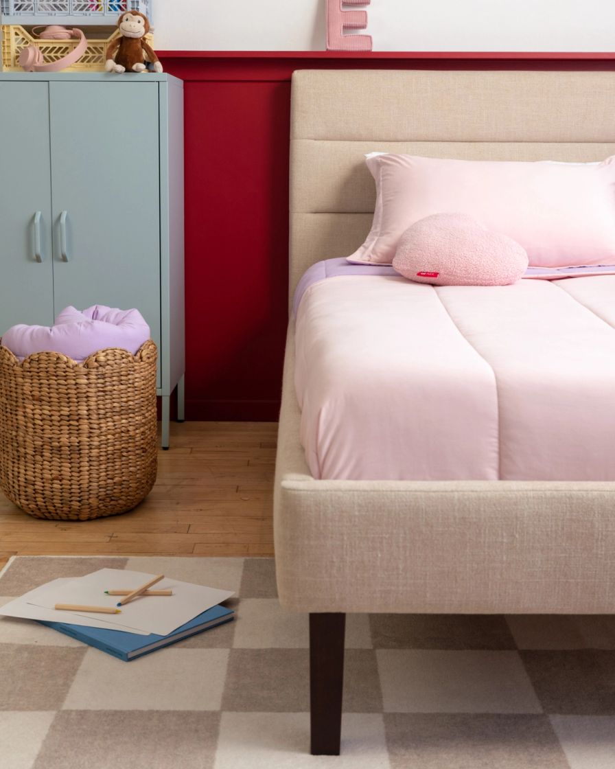 Kids bedroom featuring the Channel Upholstered Bed Frame in Alabaster colourway.