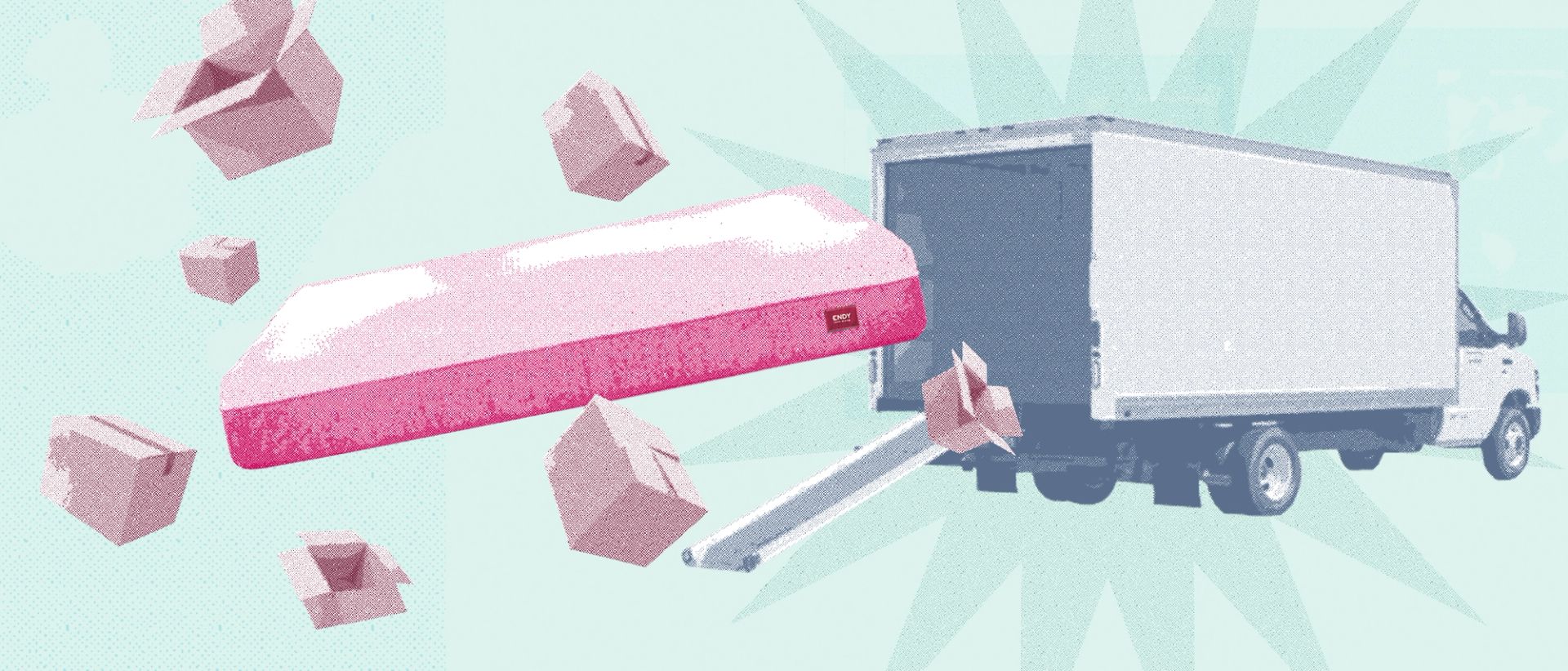Illustration of an Endy Mattress being on-loaded into a moving truck.