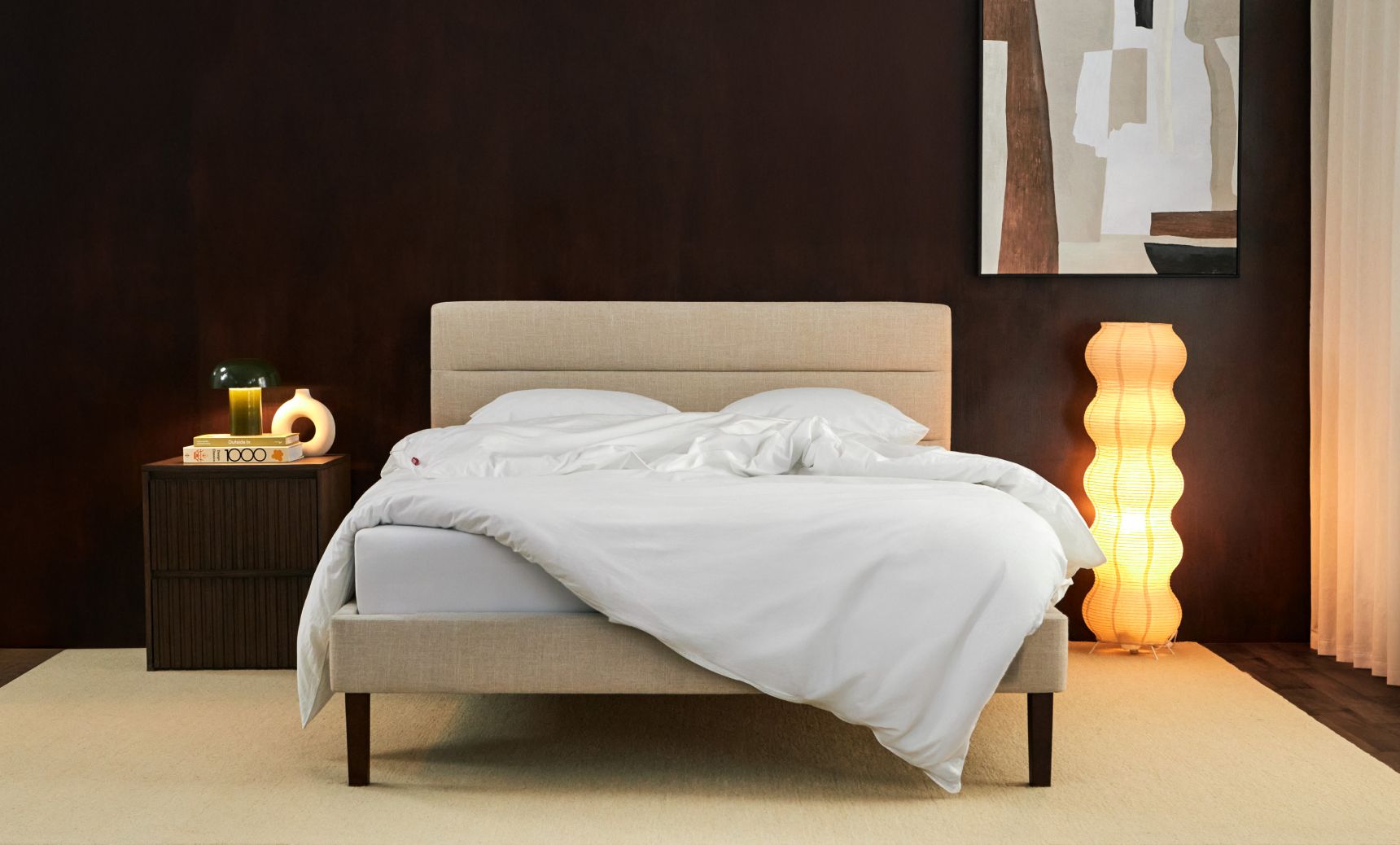 Bedroom with channel upholstered bed frame in alabaster colourway.