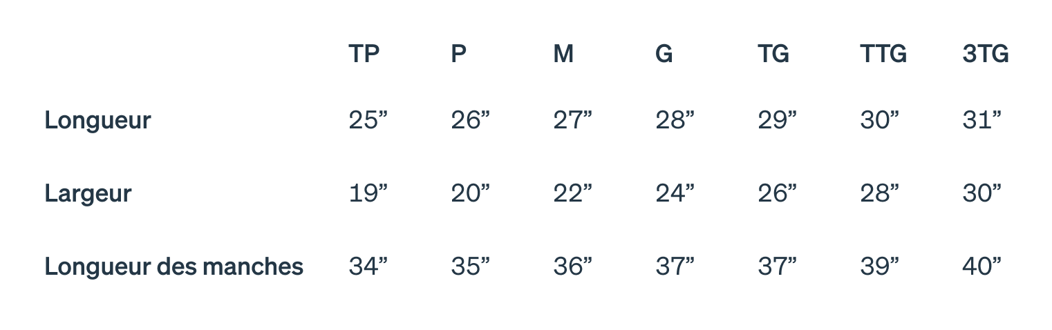 Très petit : largeur 63,5 cm, longueur 48,3 cm, longueur des manches 86,4 cm ; Petit : largeur 66 cm, longueur 50,8 cm, longueur des manches 88,9 cm ; Moyen : largeur 68,6 cm, longueur 55,9 cm, longueur des manches 91,4 cm ; Grand : largeur 71,1 cm, longueur 61 cm, longueur des manches 94 cm ; Très grand : largeur 73,7 cm, longueur 66 cm, longueur des manches 94 cm ; 2XL : largeur 76,2 cm, longueur 71,1 cm, longueur des manches 99 cm ; 3XL : largeur 78,7 cm, longueur 76,2 cm, longueur des manches 101,6 cm.