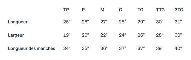 Très petit : largeur 63,5 cm, longueur 48,3 cm, longueur des manches 86,4 cm ; Petit : largeur 66 cm, longueur 50,8 cm, longueur des manches 88,9 cm ; Moyen : largeur 68,6 cm, longueur 55,9 cm, longueur des manches 91,4 cm ; Grand : largeur 71,1 cm, longueur 61 cm, longueur des manches 94 cm ; Très grand : largeur 73,7 cm, longueur 66 cm, longueur des manches 94 cm ; 2XL : largeur 76,2 cm, longueur 71,1 cm, longueur des manches 99 cm ; 3XL : largeur 78,7 cm, longueur 76,2 cm, longueur des manches 101,6 cm.