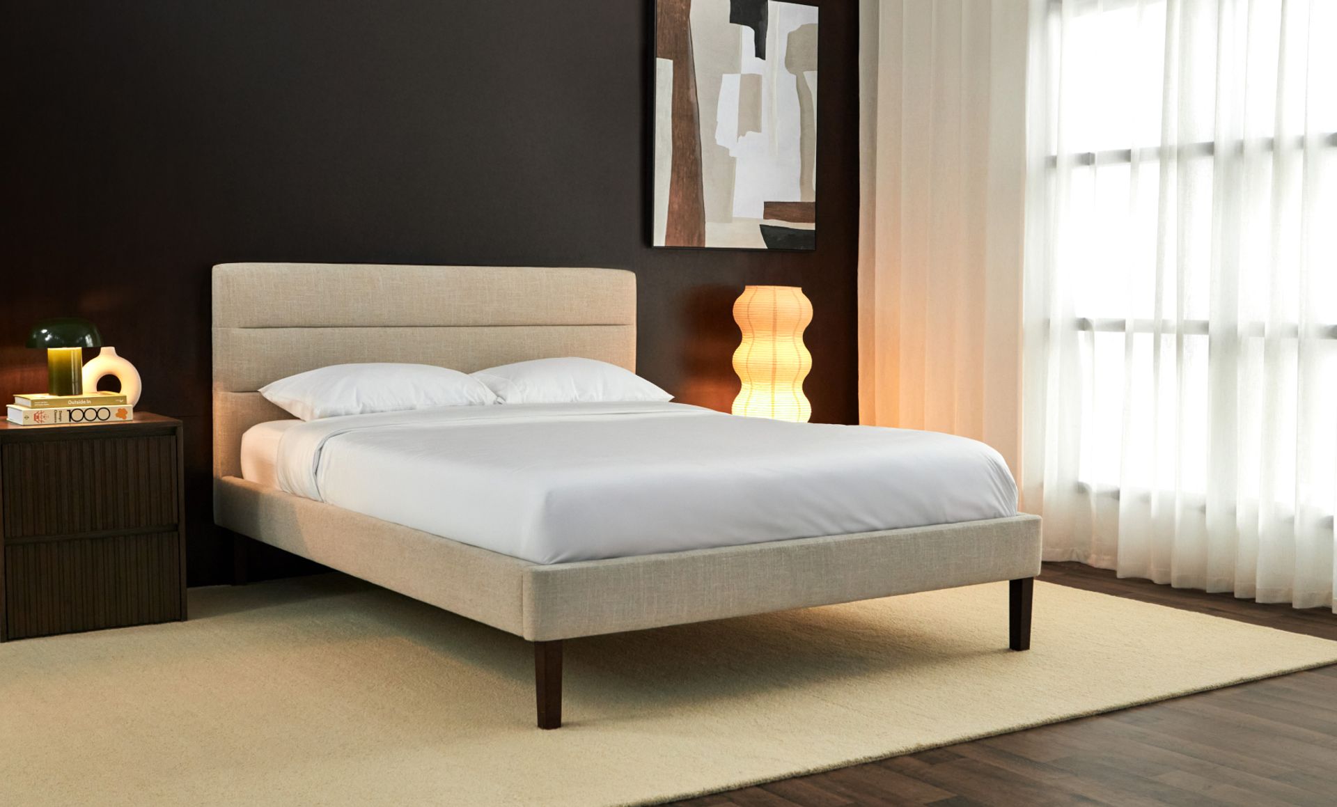 Bedroom with channel upholstered bed frame in alabaster colourway.