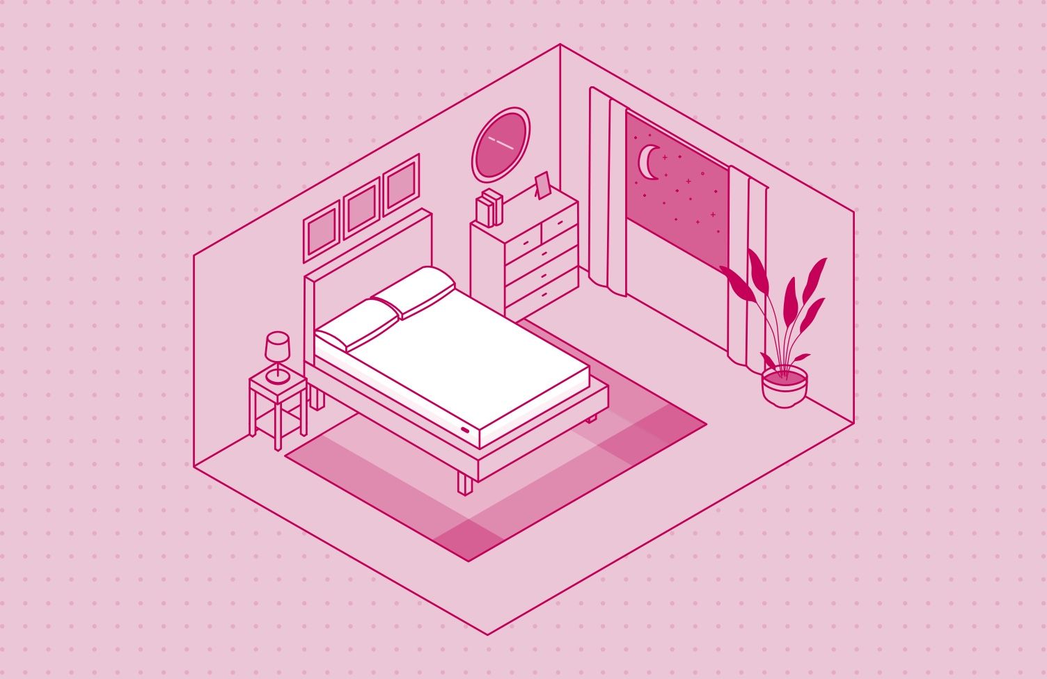 Illustration of a bedroom layout with an Full sized Endy Mattress.