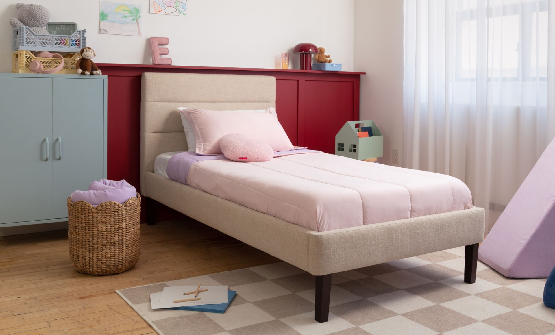 Kids bedroom featuring the Channel Upholstered Bed Frame in Alabaster colourway.