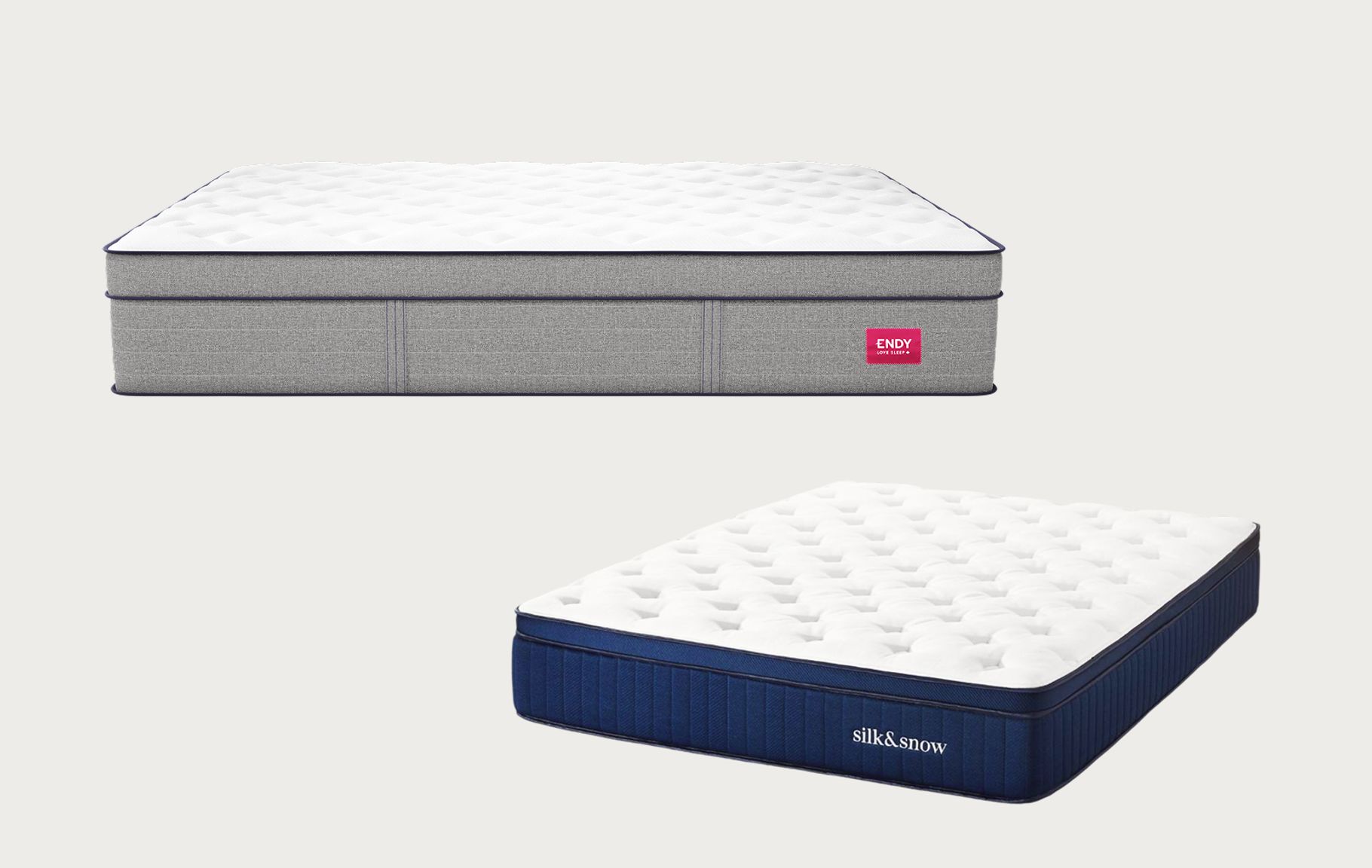 Image comparative montrant le matelas hybride Endy au-dessus du matelas hybride Silk & Snow.