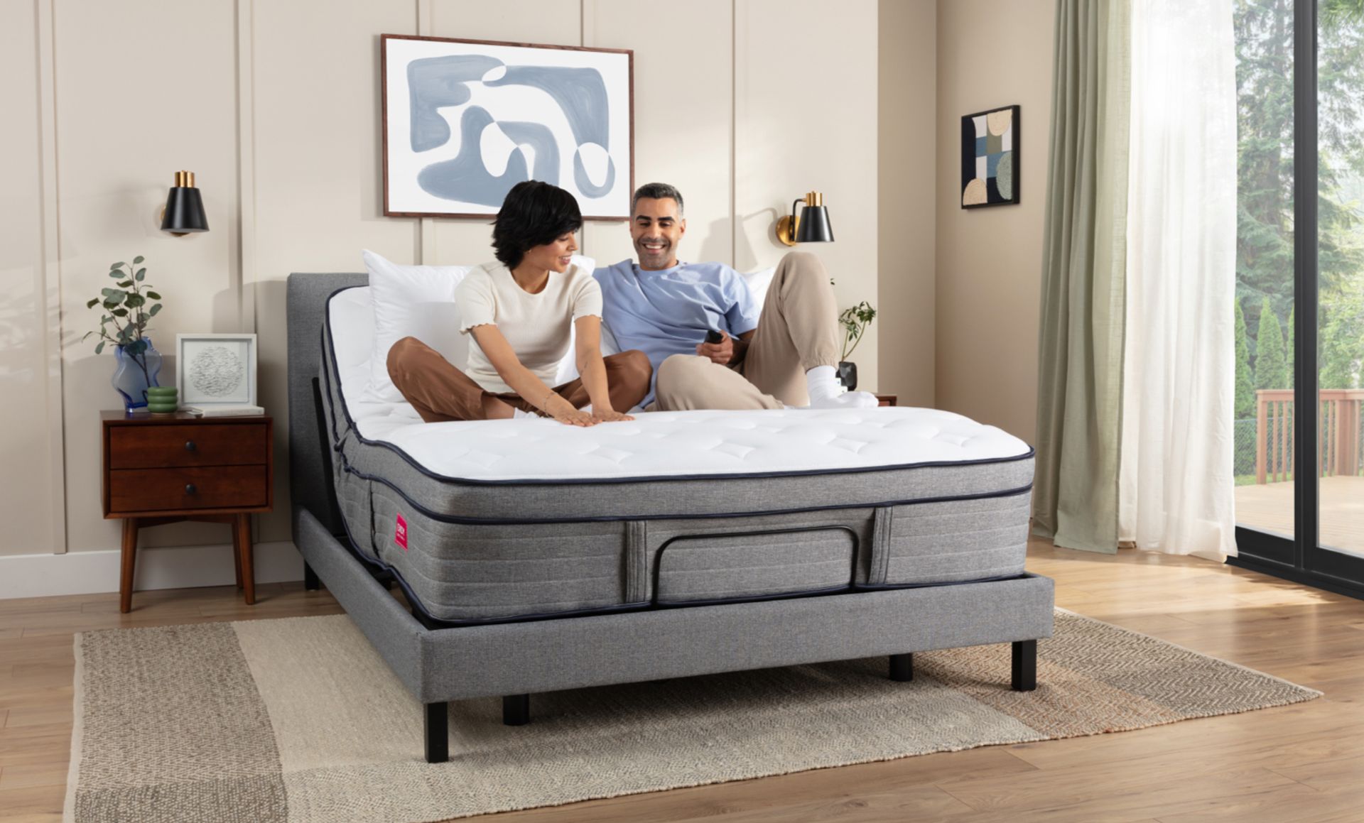 Endy Upholstered Adjustable Bed Twin XL Variant shown with Twin XL Hybrid Mattresses