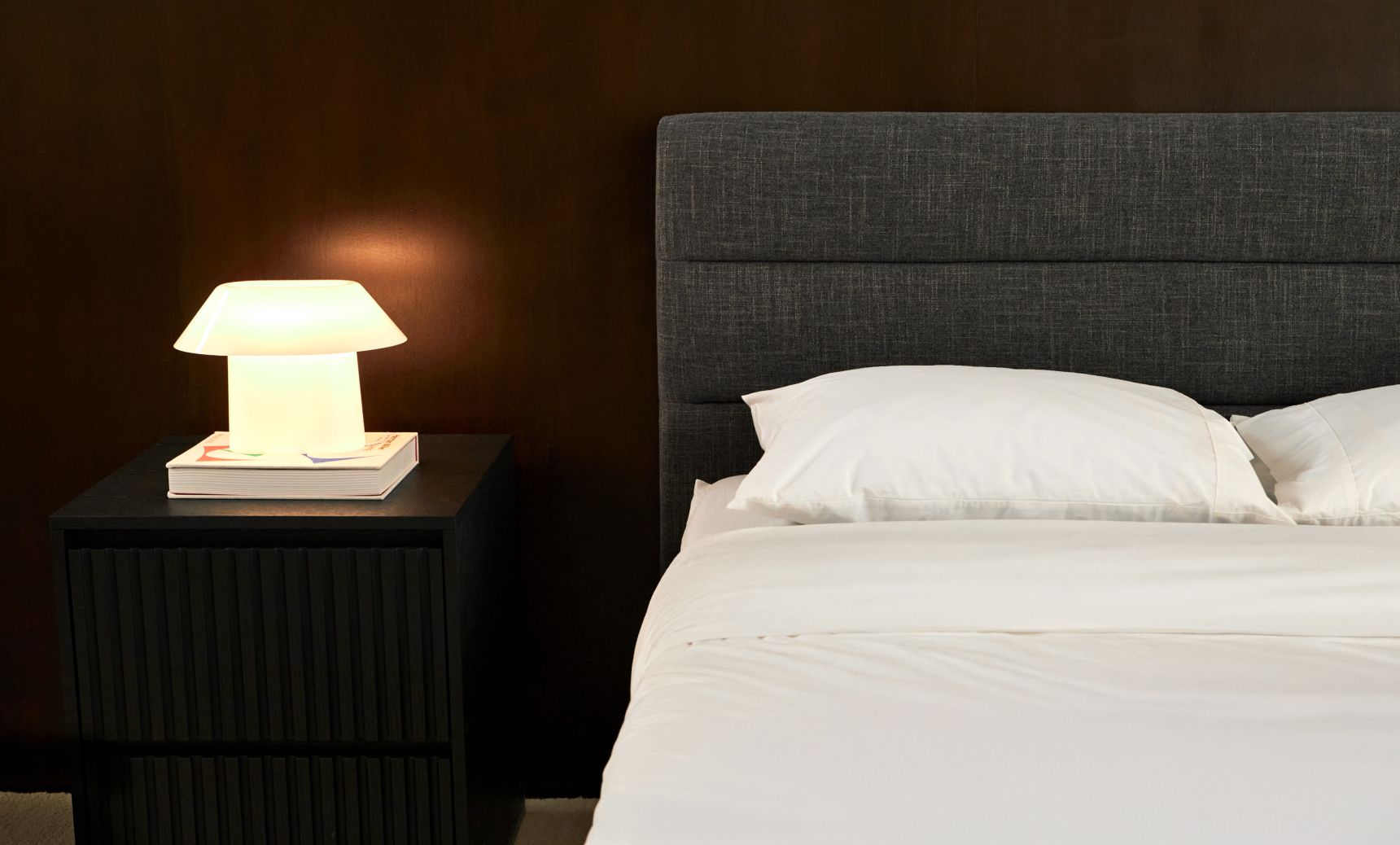 Bedroom with channel upholstered bed frame in graphite colourway.