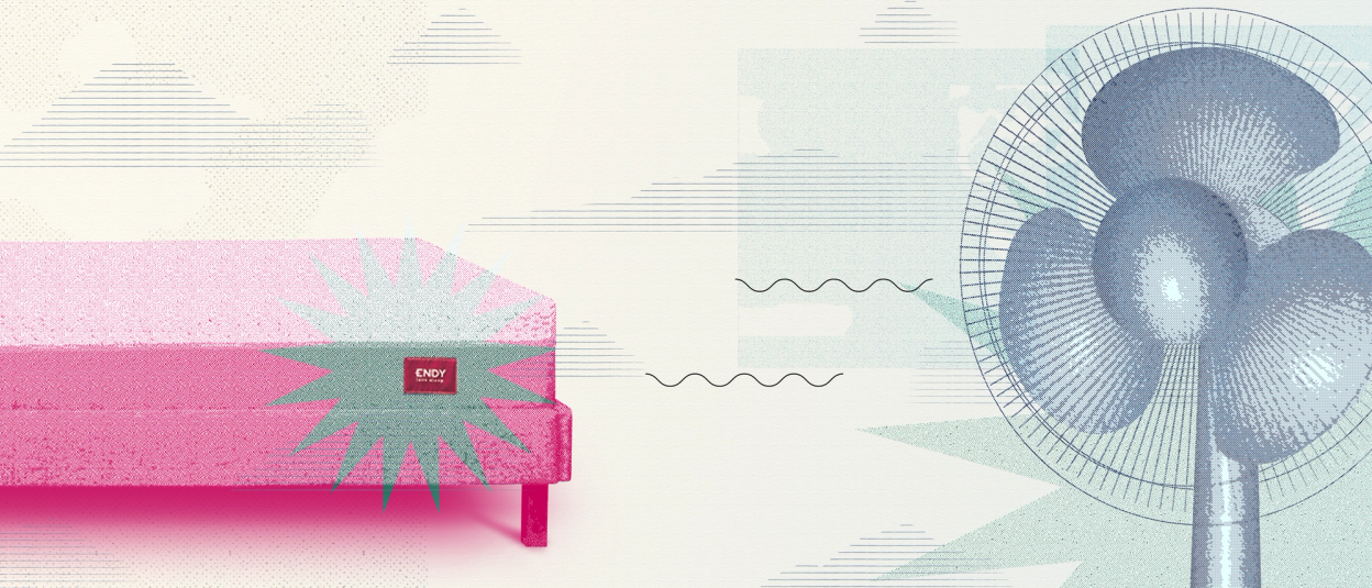 Comic stylized image of an Endy mattress and a room fan pointed towards it