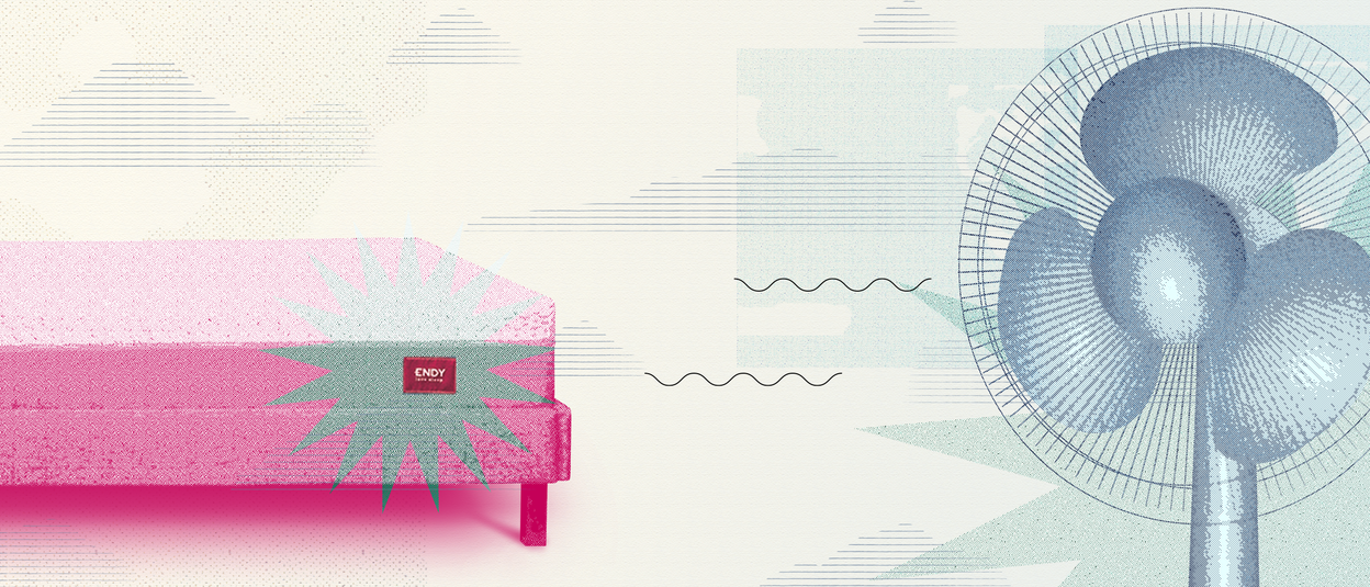 Comic stylized image of an Endy mattress and a room fan pointed towards it