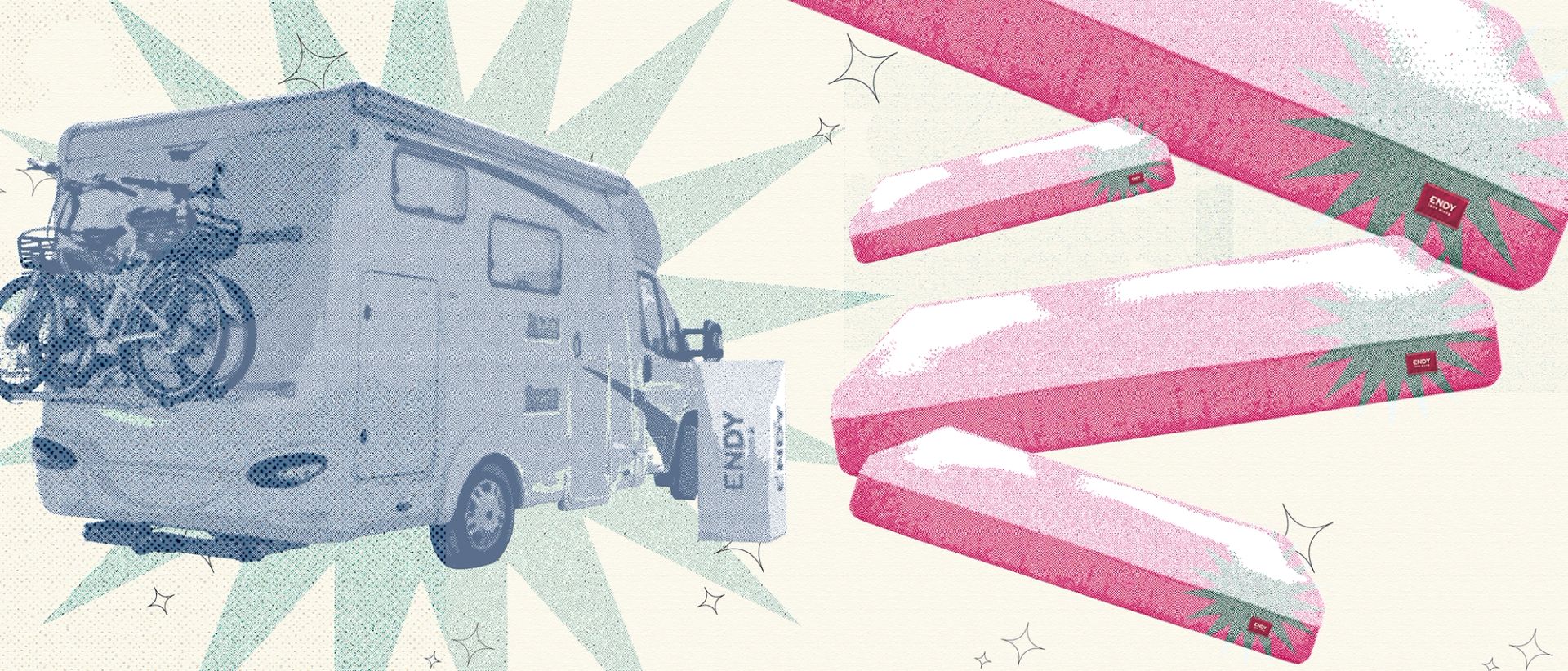 Illustration of the Endy RV Mattress with an RV.