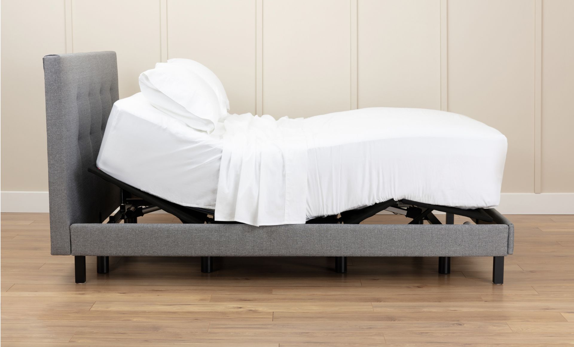 Endy Upholstered Adjustable Bed Twin XL Variant with one panel in Zero-G position