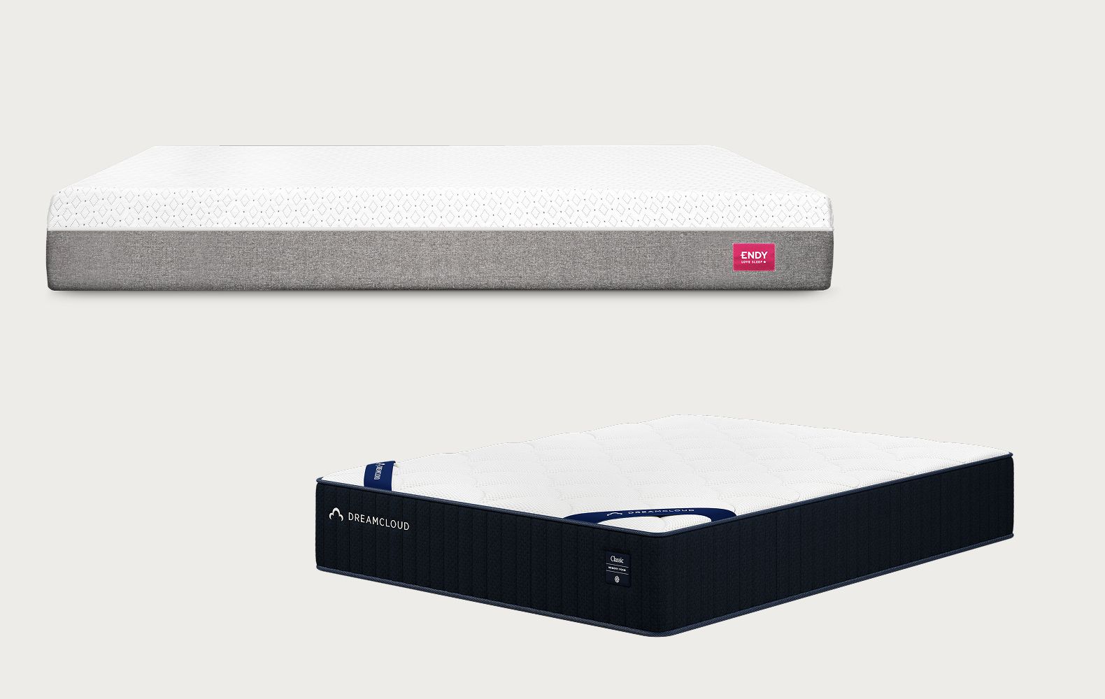 Comparison image showing the Endy Mattress above the Dreamcloud Mattress.