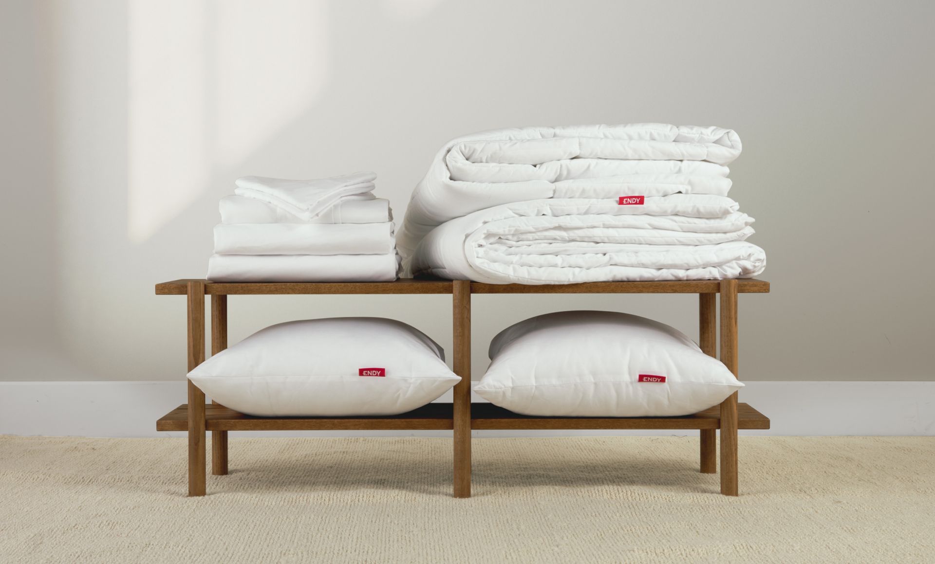 The Endy Everyday Sleet Set folded neatly on shelving.