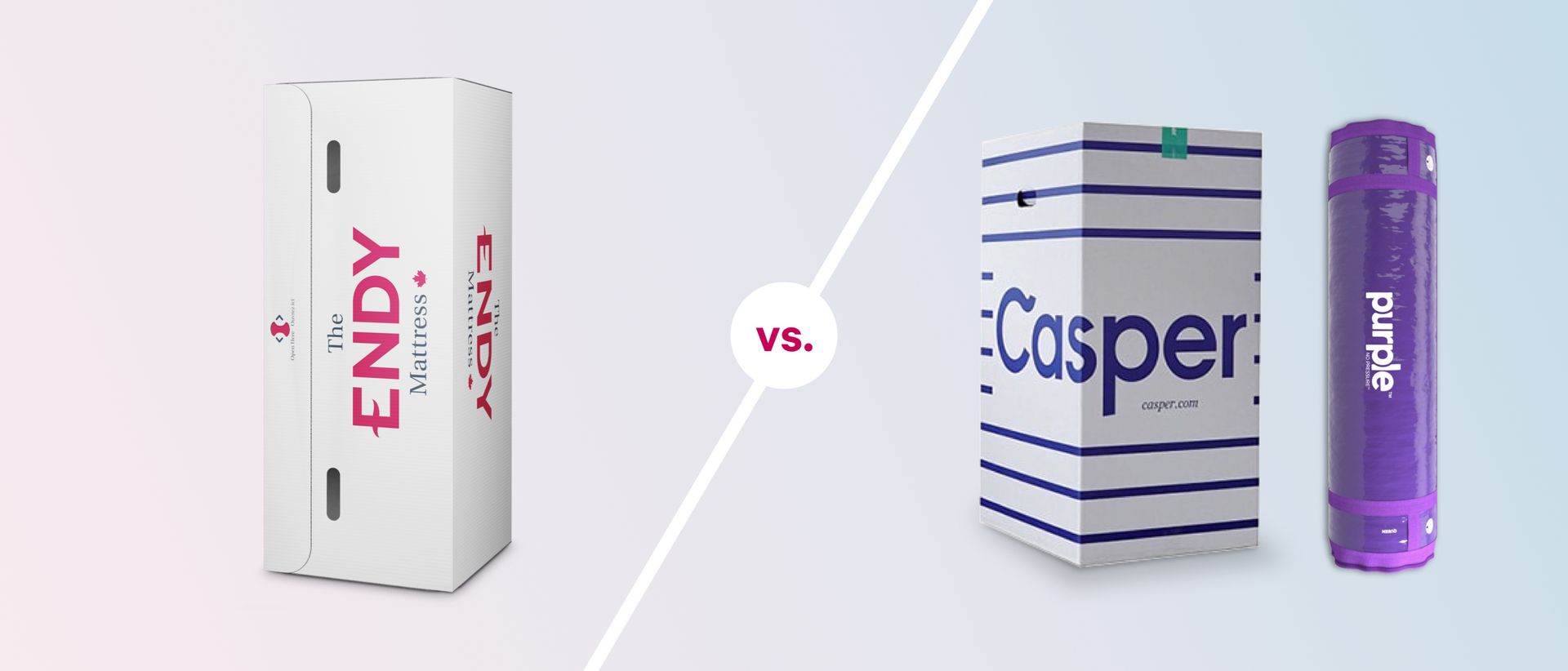 A boxed Endy mattress on the left side of the image, text in the middle that says "vs." and on the right there are packaged Casper and Purple mattresses