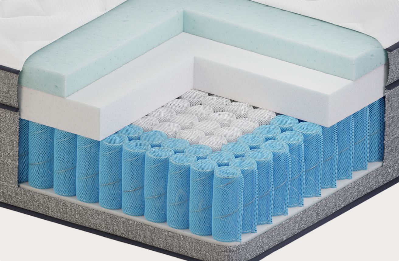 Layered cutaway of the Endy Hybrid Mattress showing its foam construction.