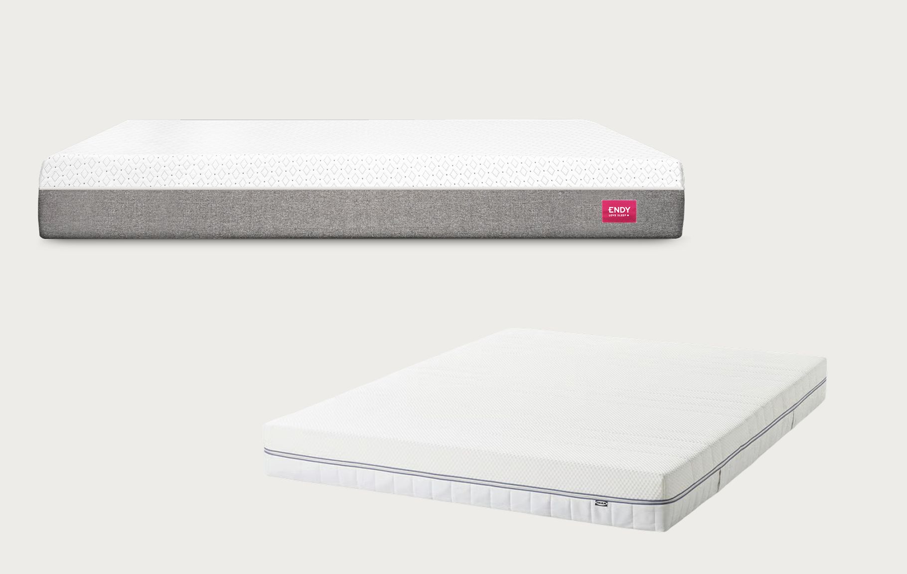 Comparison image showing the Endy Mattress above the Ikea Åbrötten Mattress.