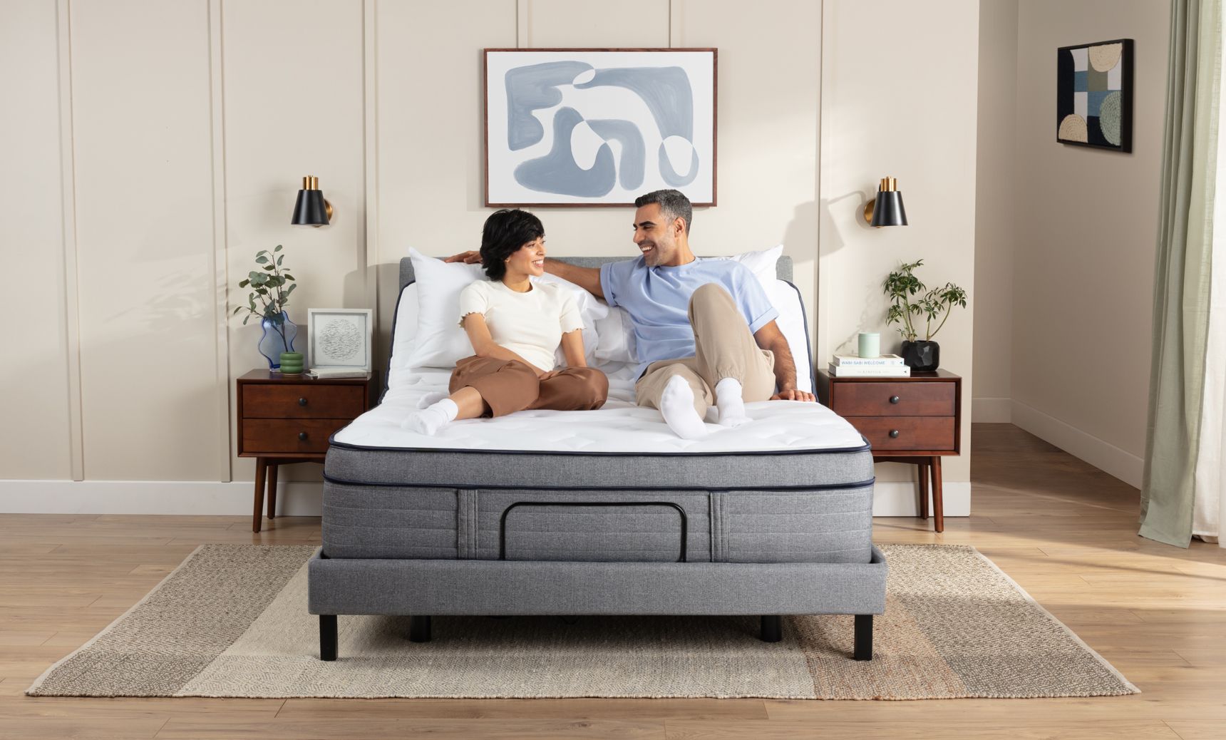 Endy Upholstered Adjustable Bed Twin XL Variant shown with Twin XL Hybrid Mattresses