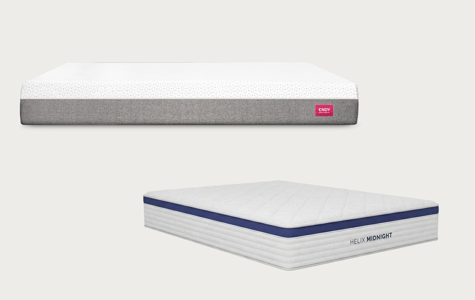 Comparison image showing the Endy Hybrid Mattress above Helix Midnight Hybrid Mattress