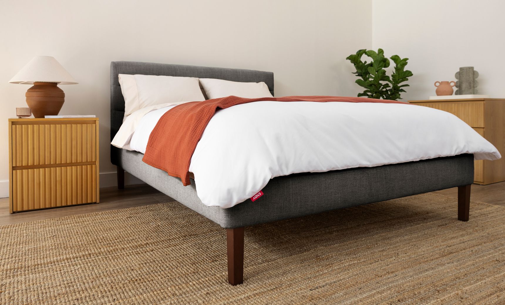 Bedroom with channel upholstered bed frame in graphite colourway.