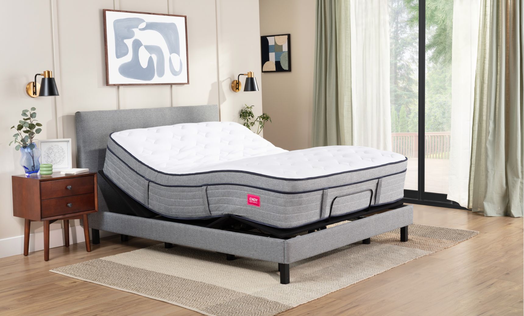 Endy Upholstered Adjustable Bed Twin XL Variant shown with Twin XL Hybrid Mattresses