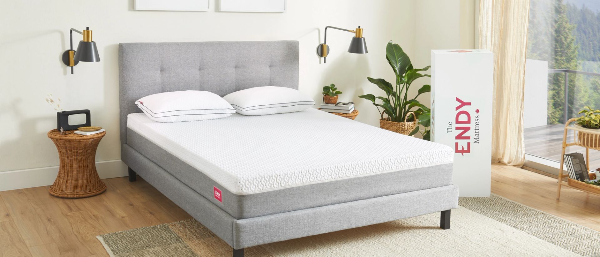 A bedroom outfitted with Endy's collection of sleep products.