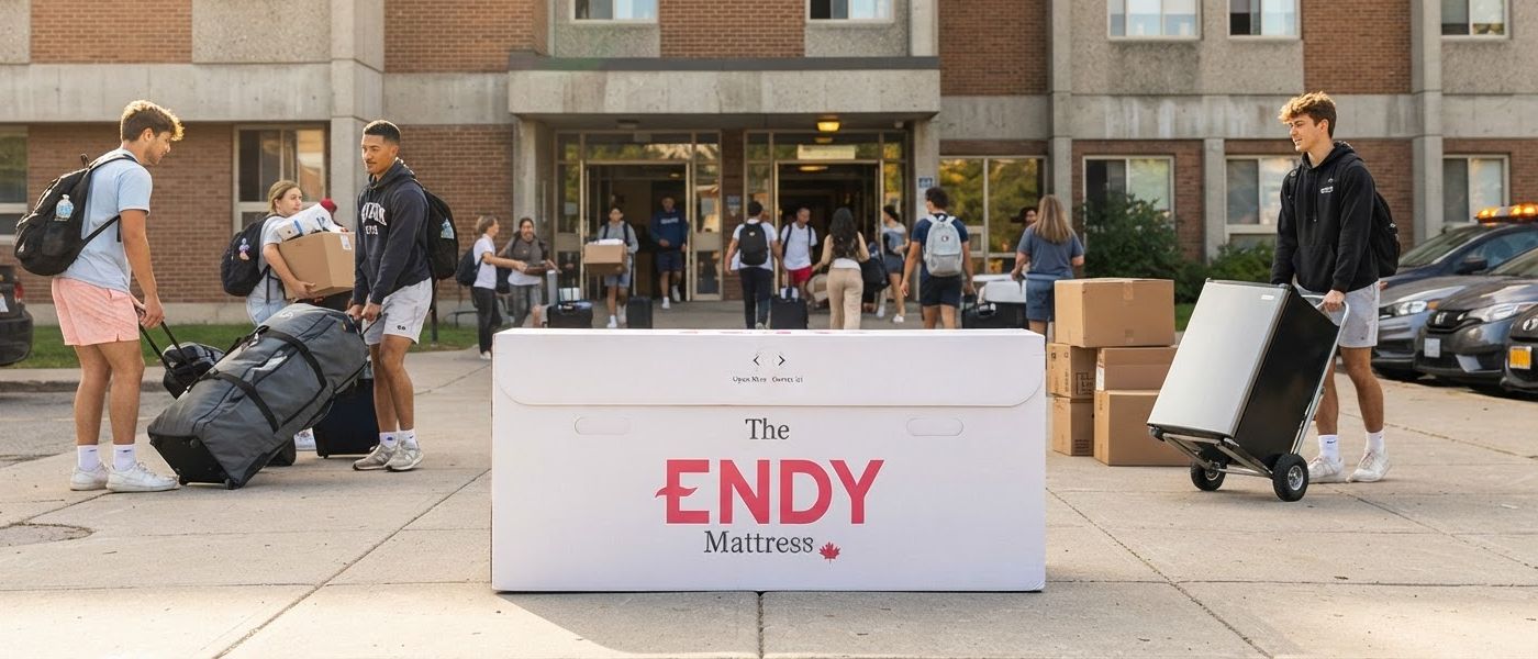 An Endy Mattress box sitting in front of a busy dorm building on move-in day