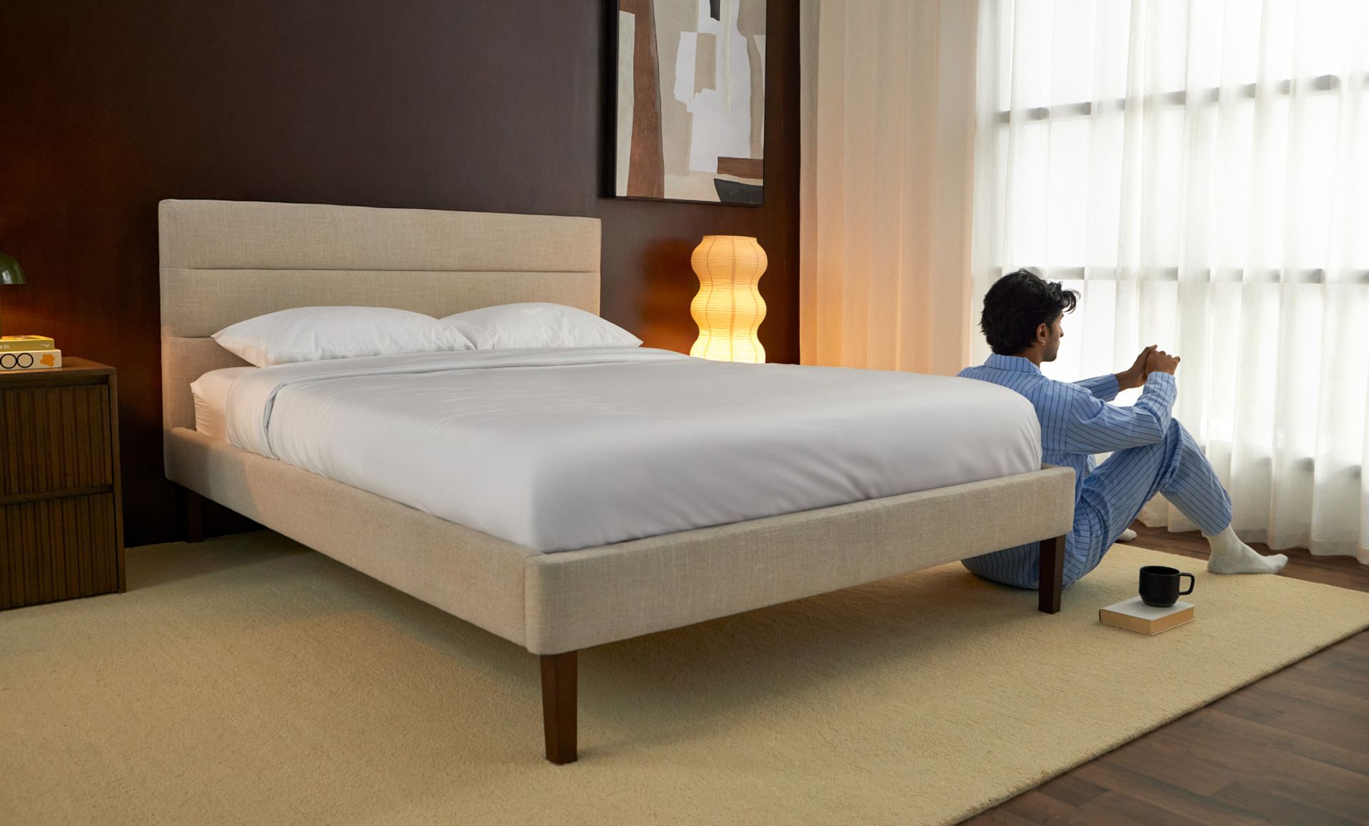 Bedroom with channel upholstered bed frame in alabaster colourway.