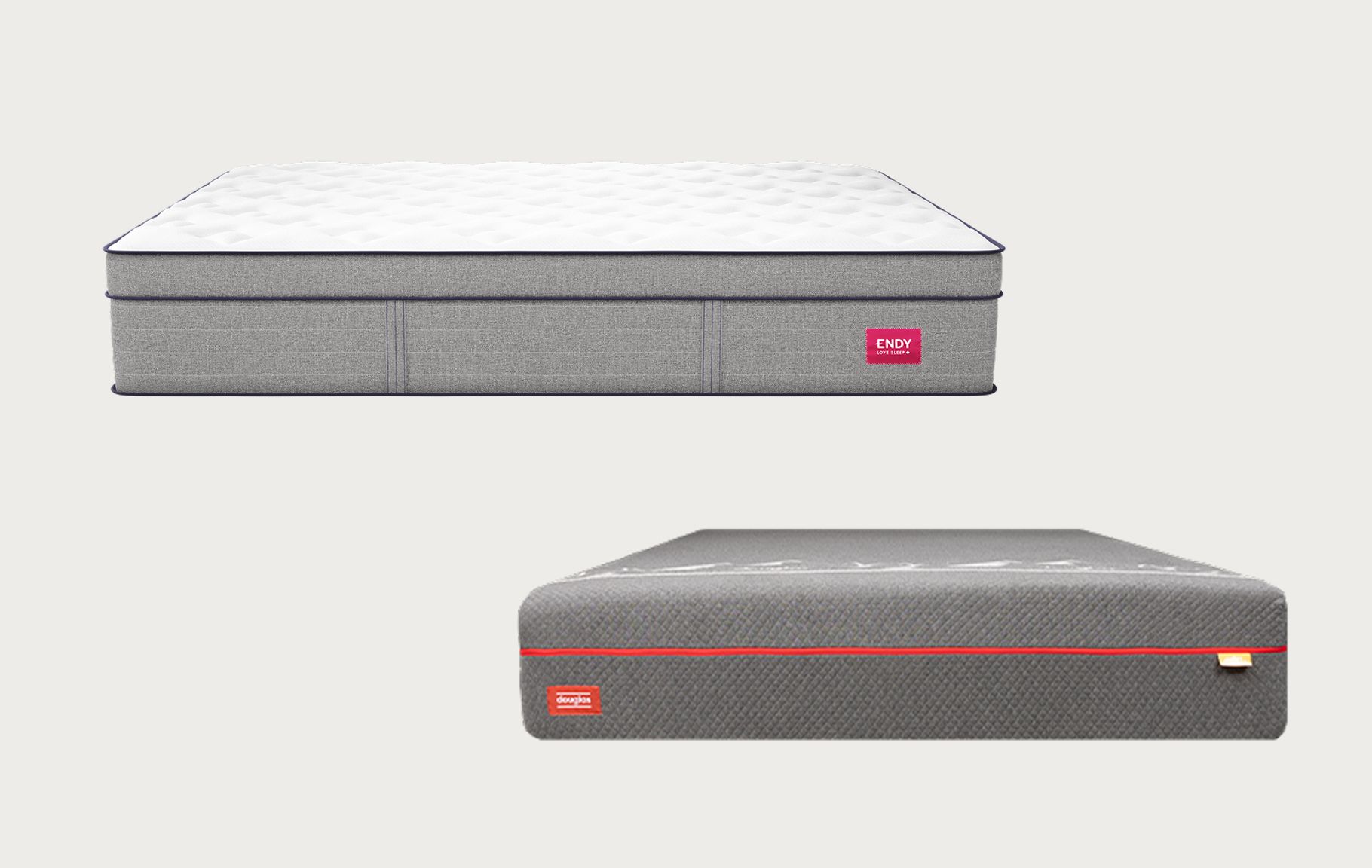 Comparison image showing the Endy Hybrid Mattress above Douglas Alpine Hybrid Mattress