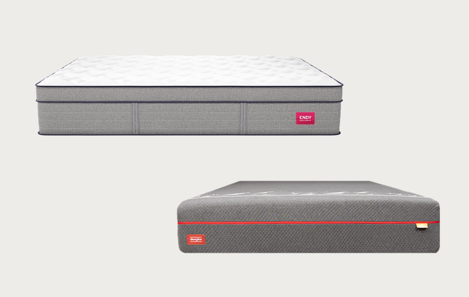 Comparison image showing the Endy Hybrid Mattress above Douglas Alpine Hybrid Mattress