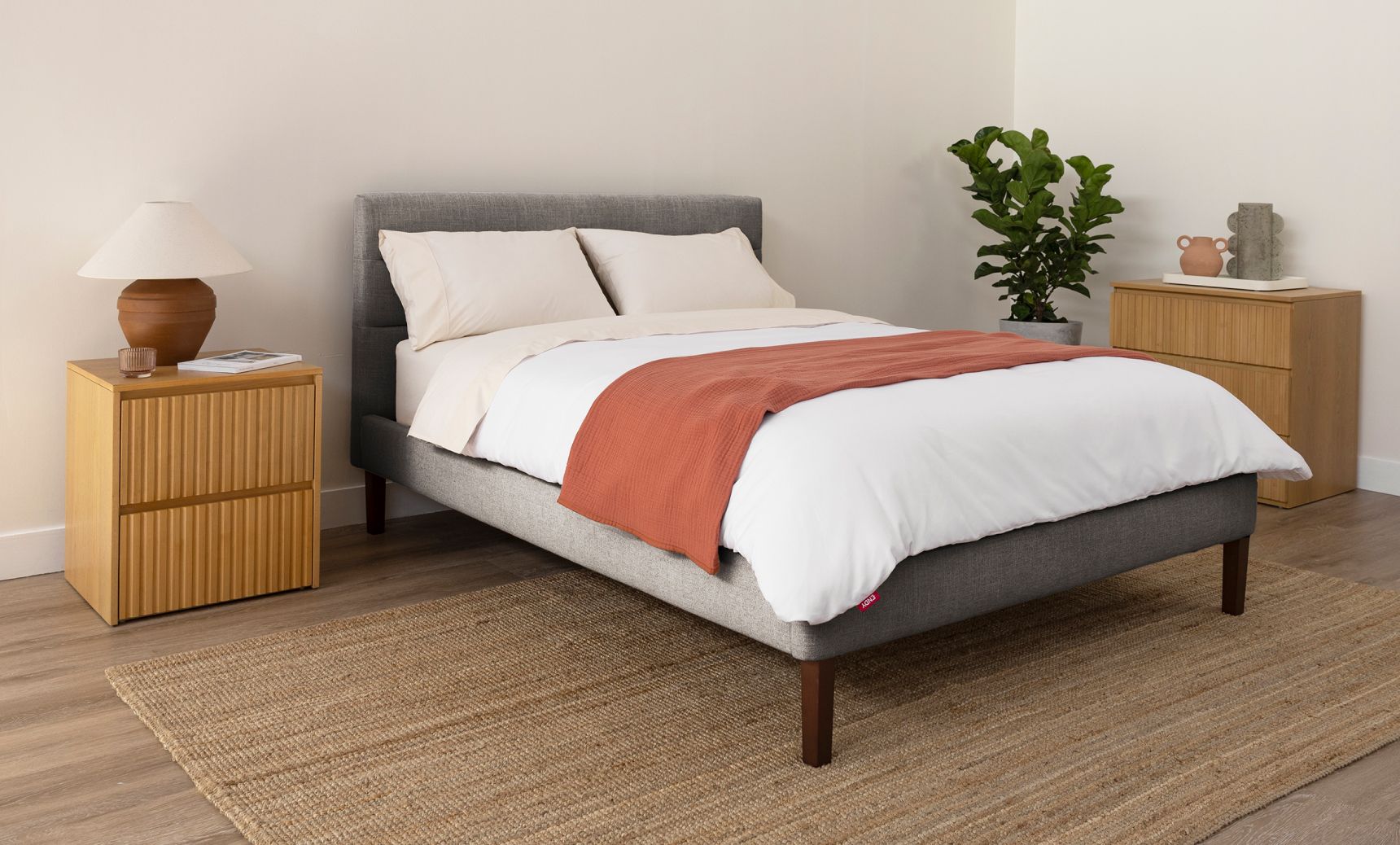 Bedroom with channel upholstered bed frame in graphite colourway.
