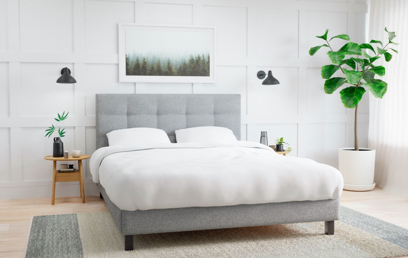 A bedroom vignette prominently featuring the Endy Upholstered Bed frame