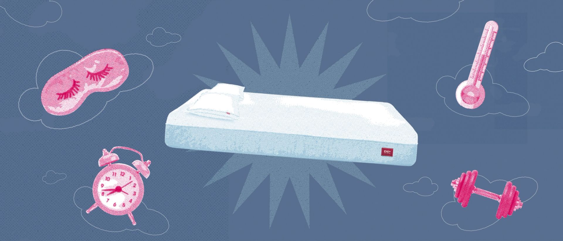 Comic stylized image of an Endy Mattress with a thermostat, eye mask, clock, and dumbbell floating around it.