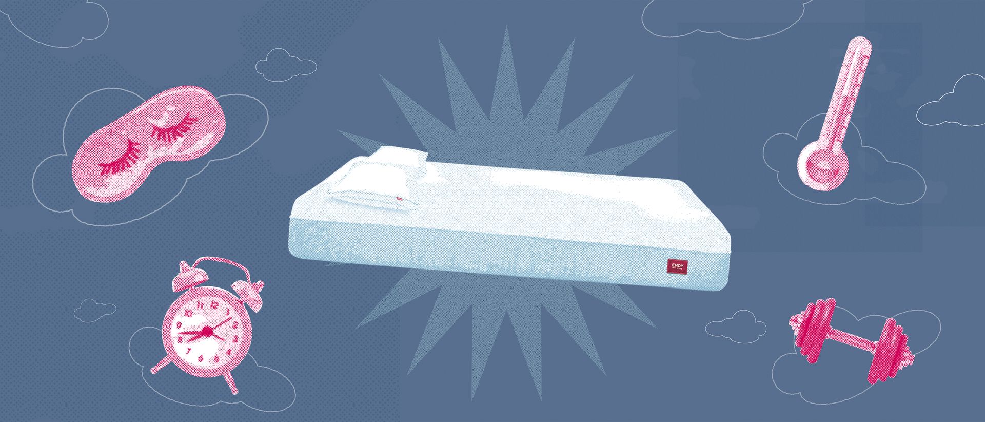 Comic stylized image of an Endy Mattress with a thermostat, eye mask, clock, and dumbbell floating around it.