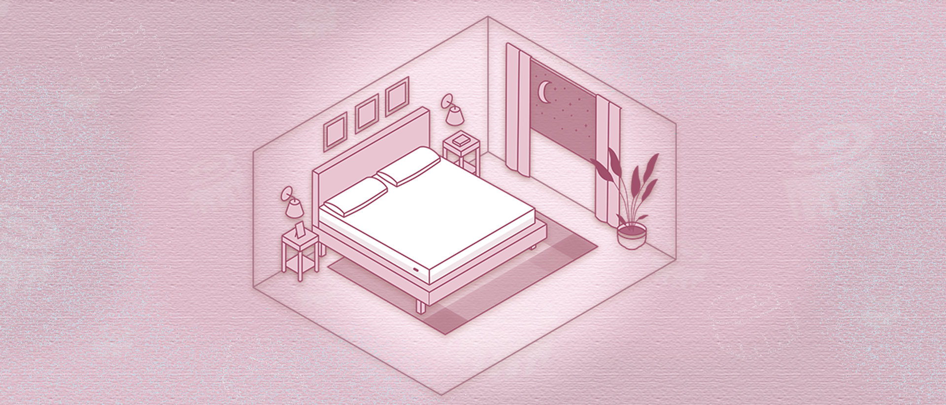 Illustration of a bedroom with a king mattress