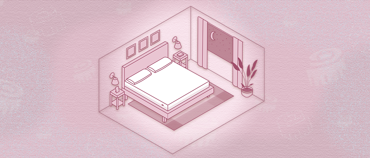 Illustration of a bedroom with a king mattress