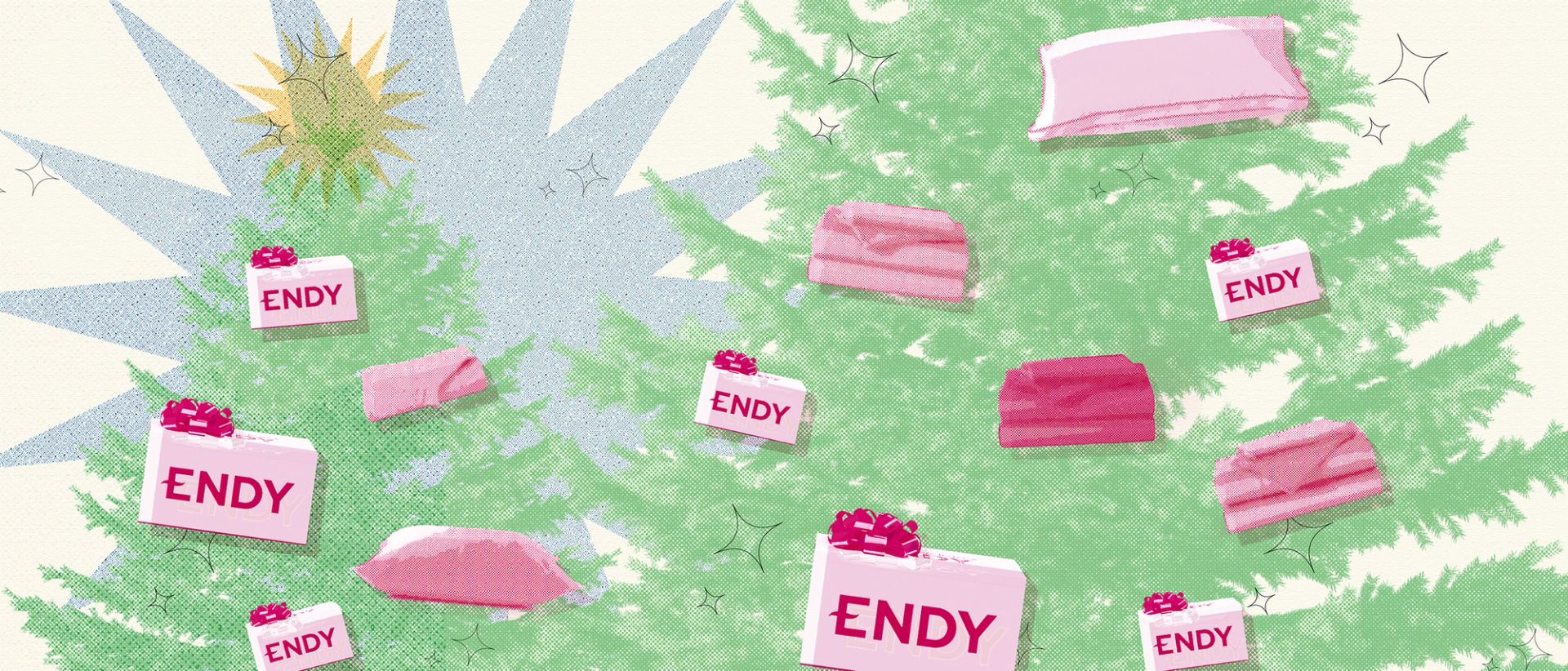 Endy boxes and products superimposed on pine trees