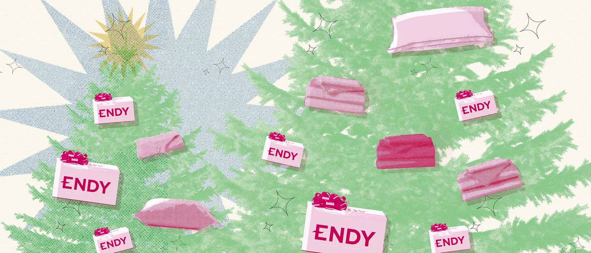 Endy boxes and products superimposed on pine trees