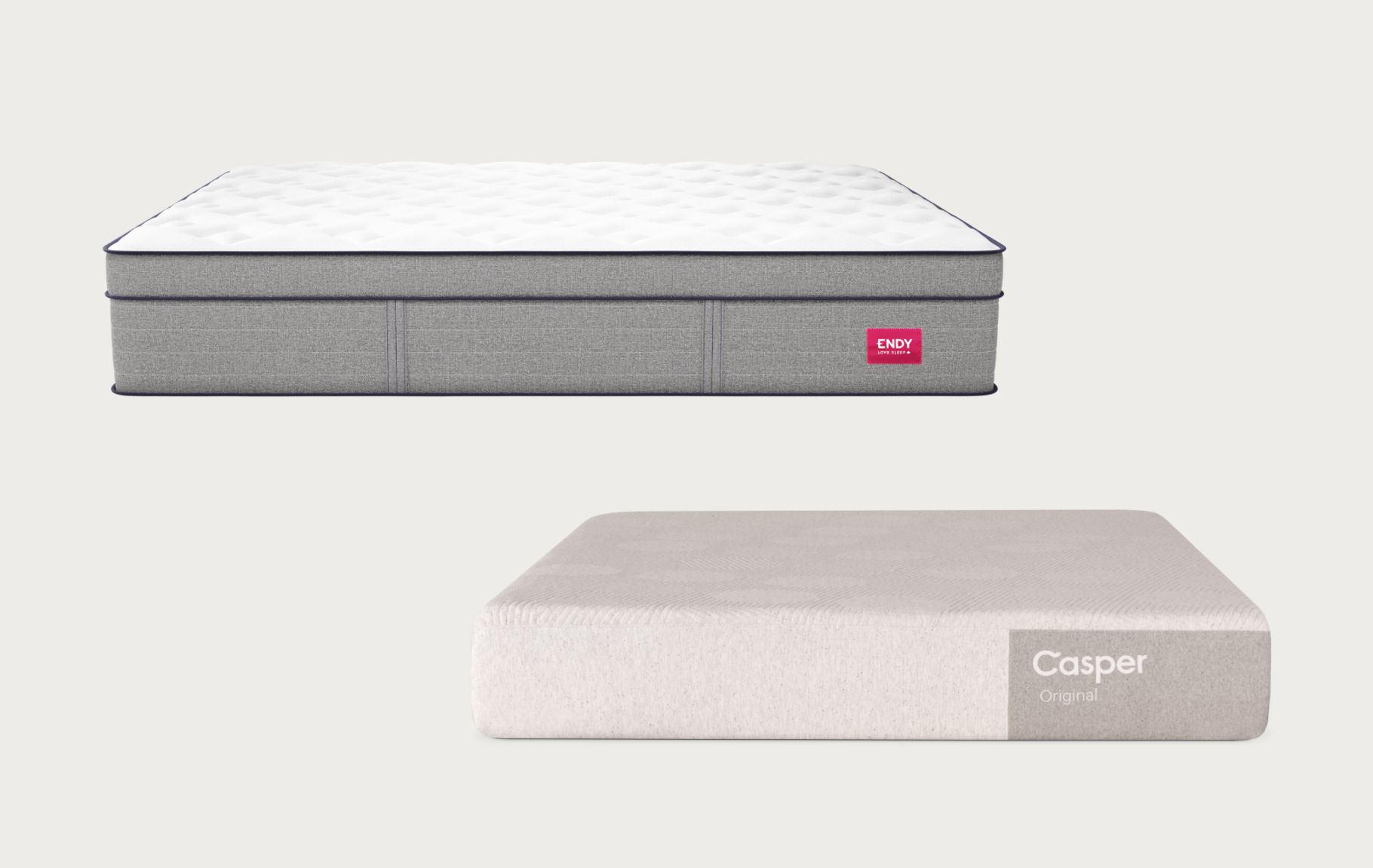 Comparison image showing the Endy Hybrid Mattress above the Casper Original Hybrid Mattress
