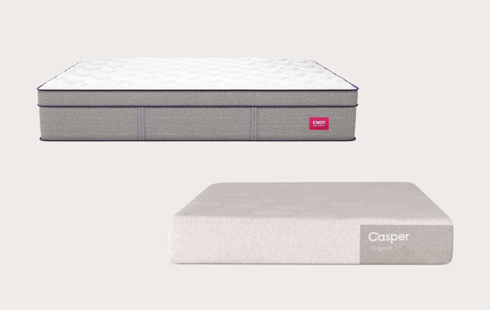 Comparison image showing the Endy Hybrid Mattress above the Casper Original Hybrid Mattress