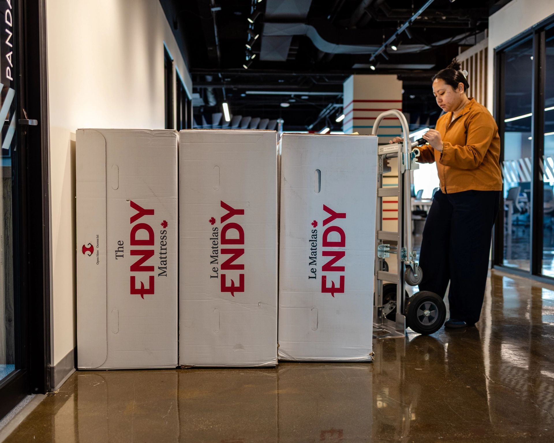 A person standing next to a dolly and three Endy Mattresses boxes in an office