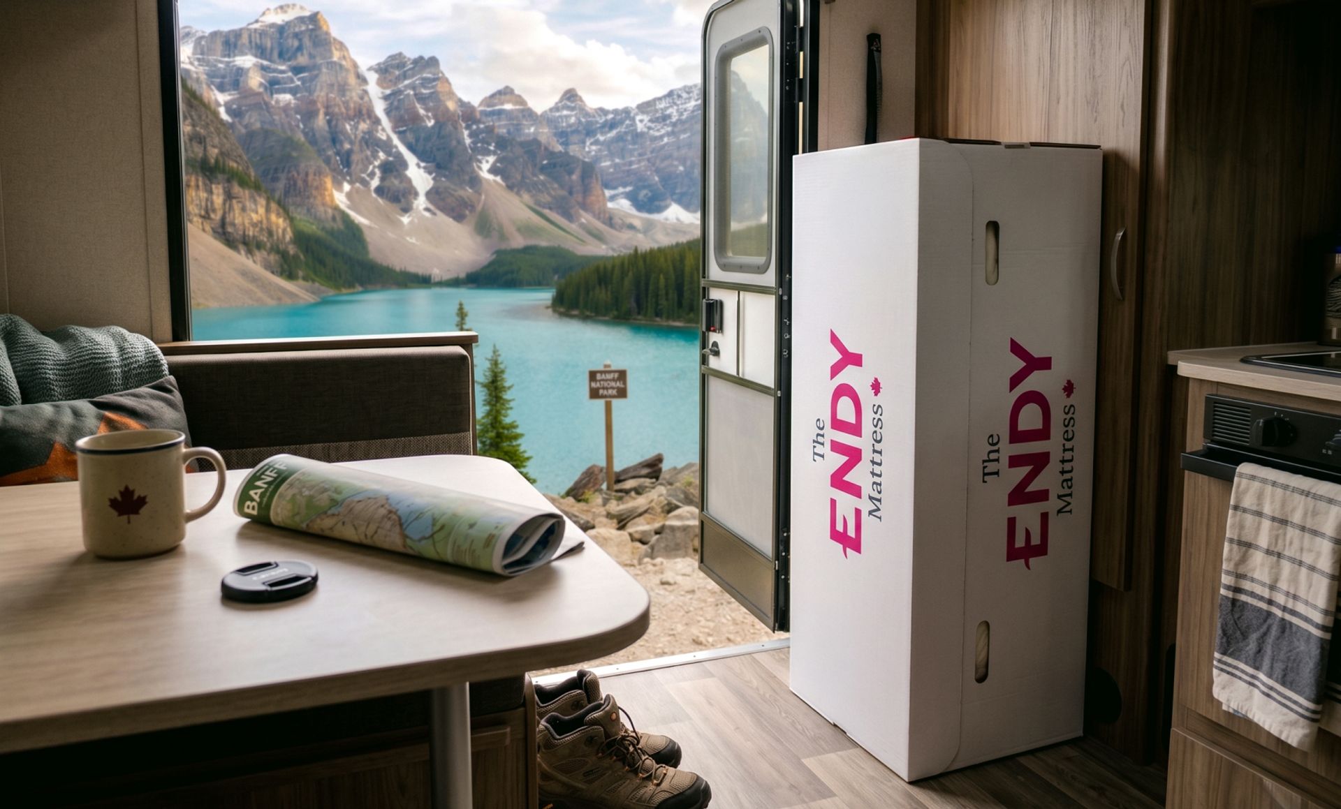 The Endy RV Mattress box inside an RV with Banff National Park in the background.