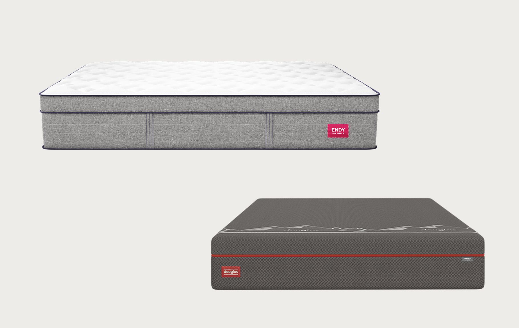 Comparison image showing the Endy Hybrid Mattress above Douglas Original Hybrid Mattress