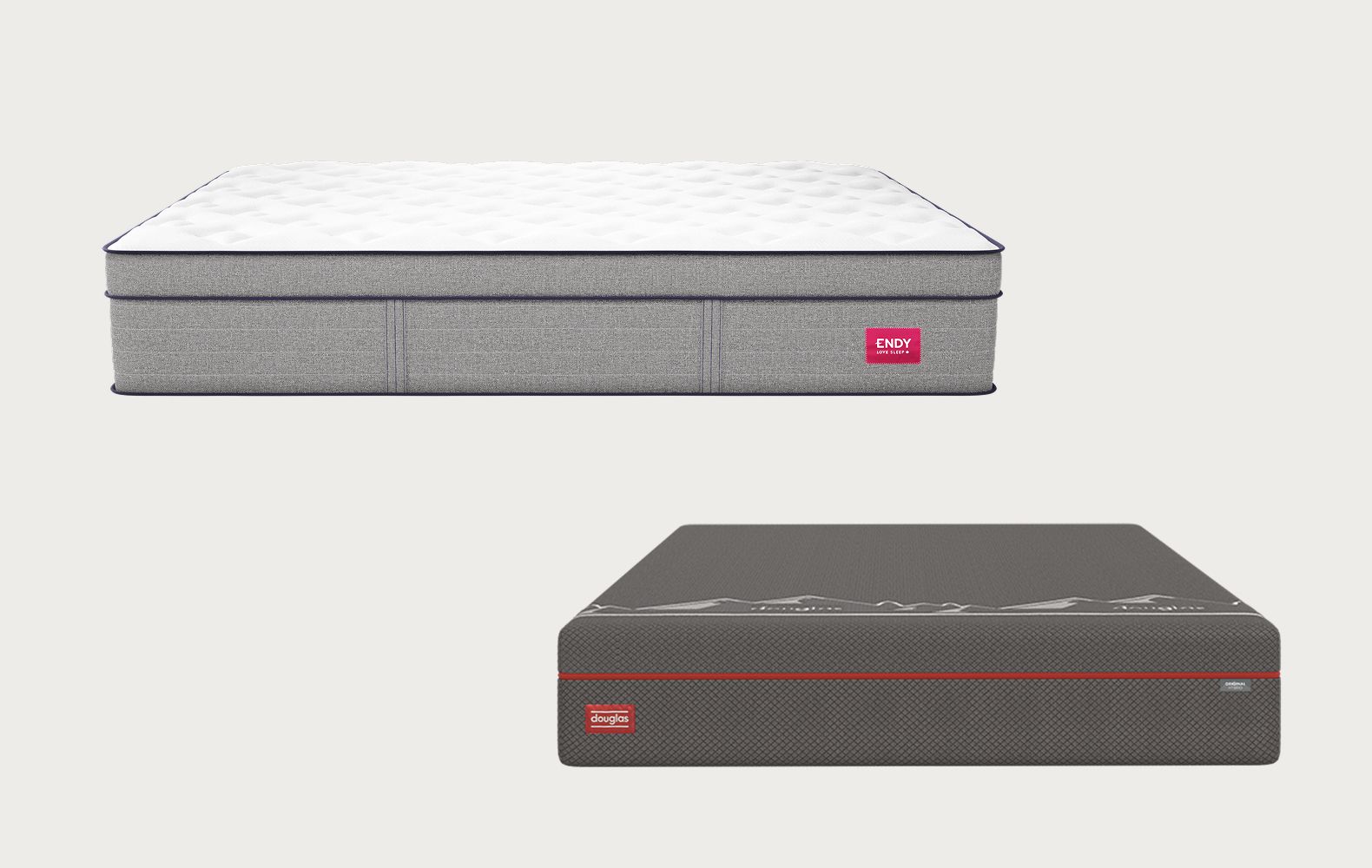 Comparison image showing the Endy Hybrid Mattress above Douglas Original Hybrid Mattress
