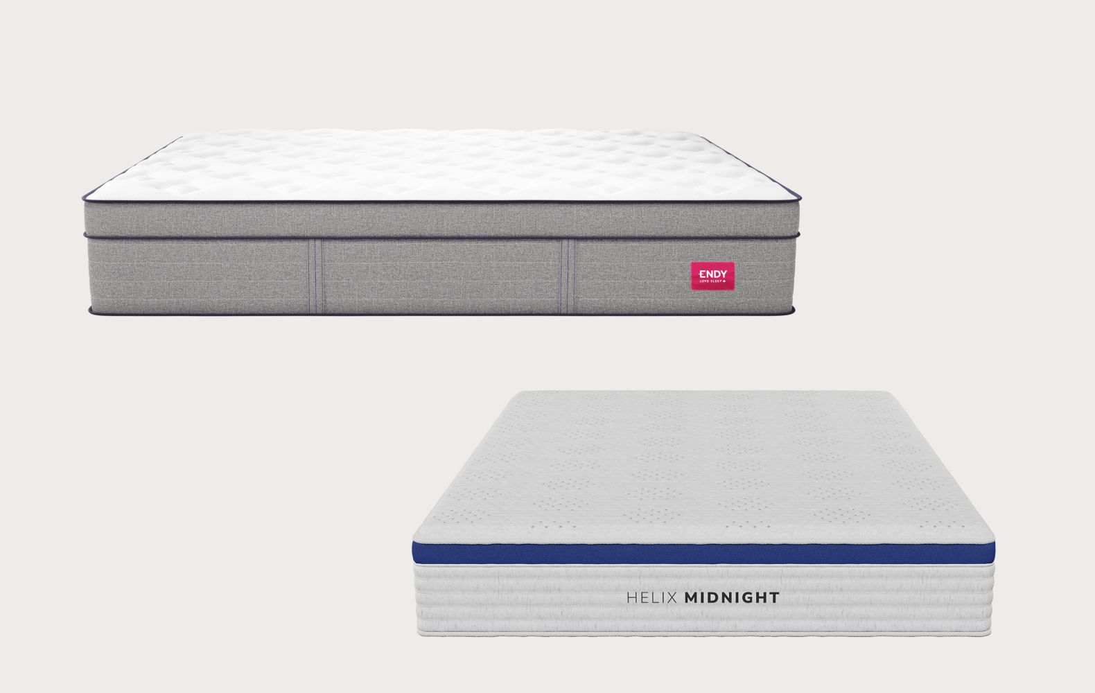 Comparison image showing the Endy Hybrid Mattress above Helix Midnight Hybrid Mattress