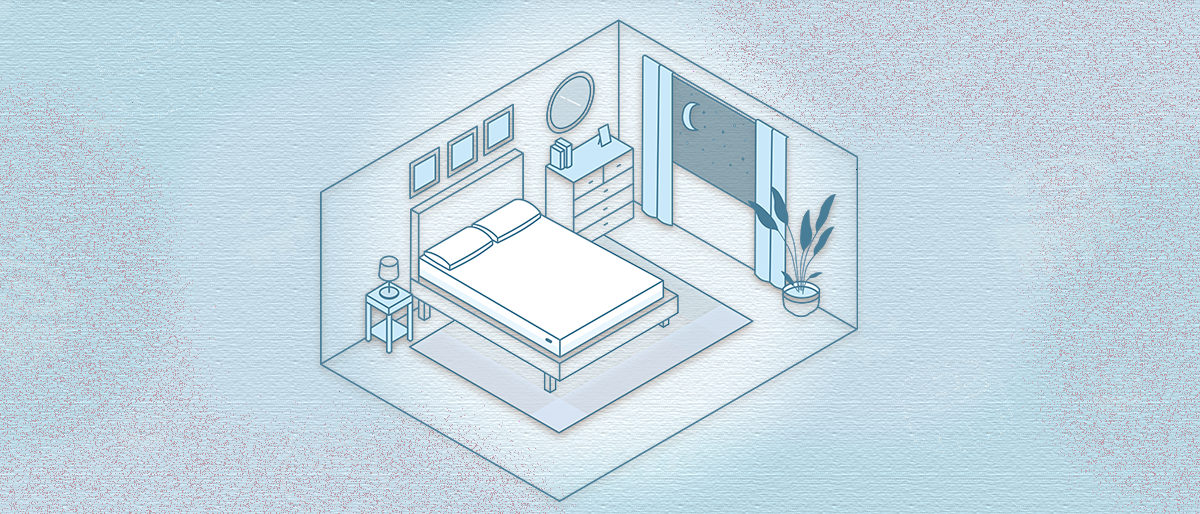 Illustration of a bedroom with a queen mattress