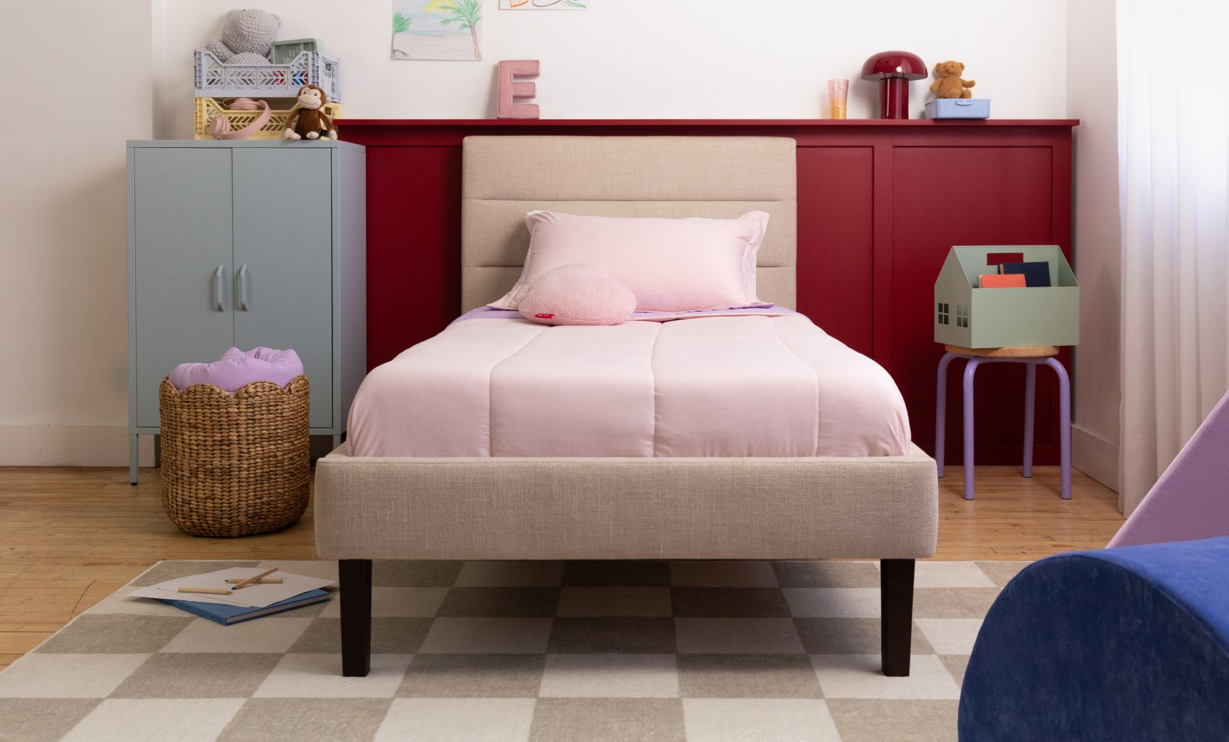 Kids bedroom featuring the Channel Upholstered Bed Frame in Alabaster colourway.